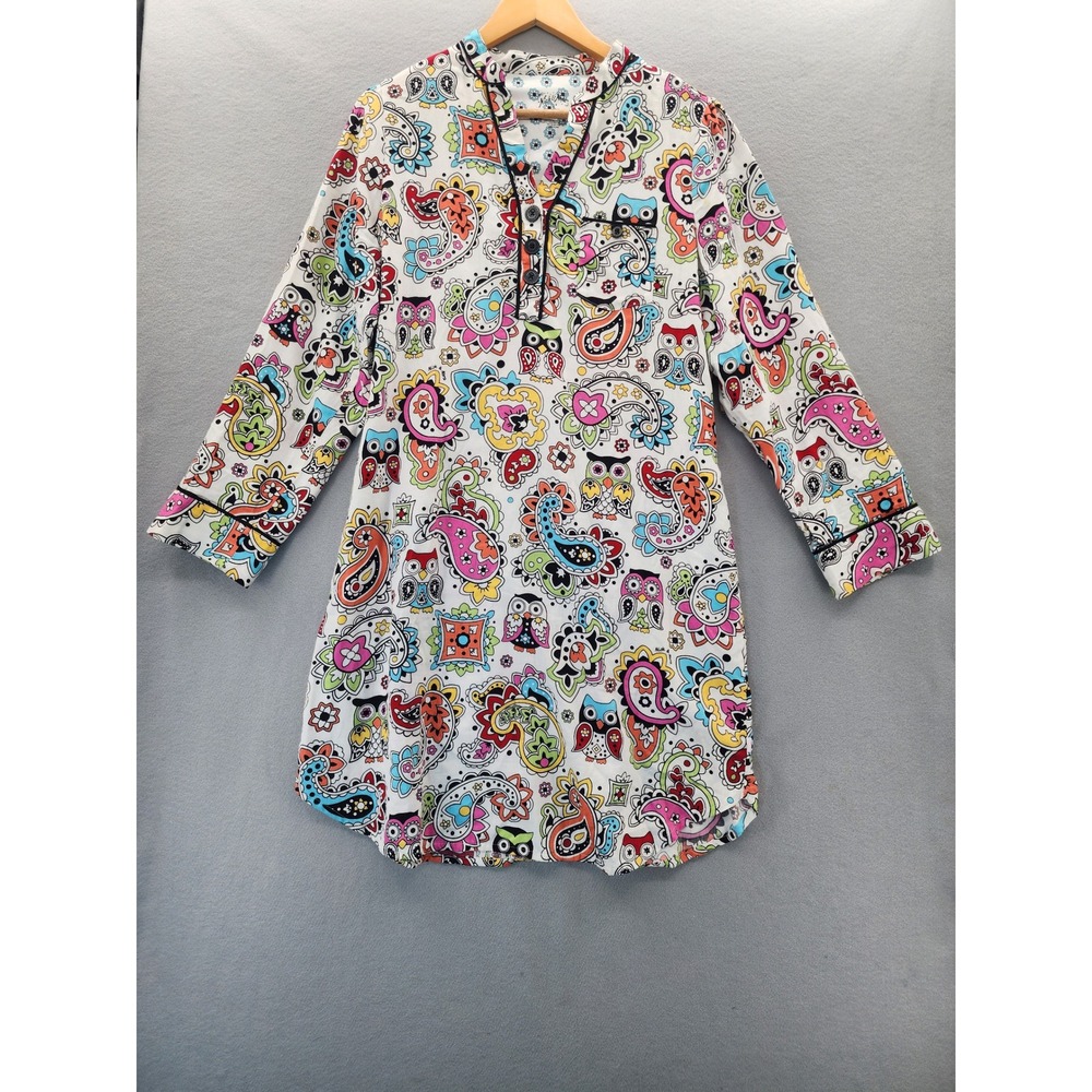 Nick & Nora Owl Paisley Sleep Shirt Nightgown Long Sleeve Cotton Multi-Color L